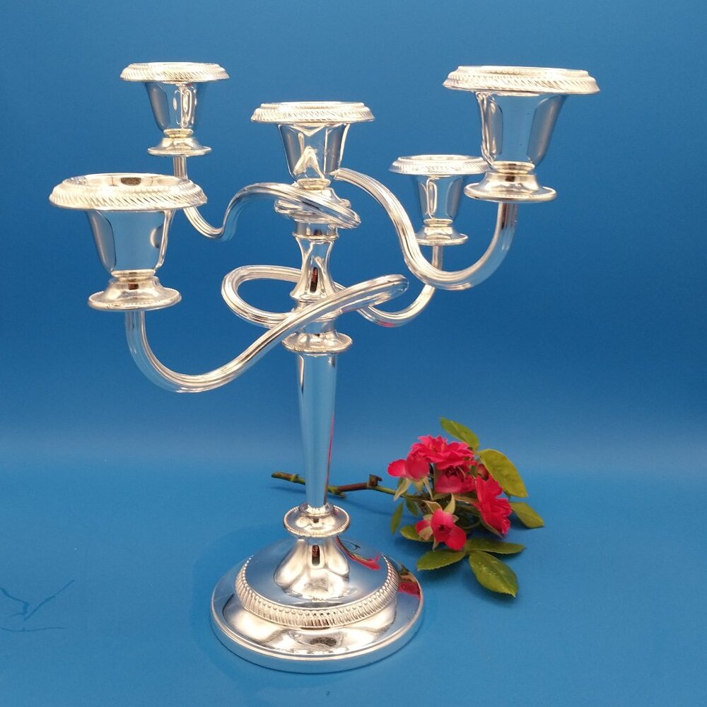 Vtg silver tone five light candelabra, candle holder - Picture 2 of 8